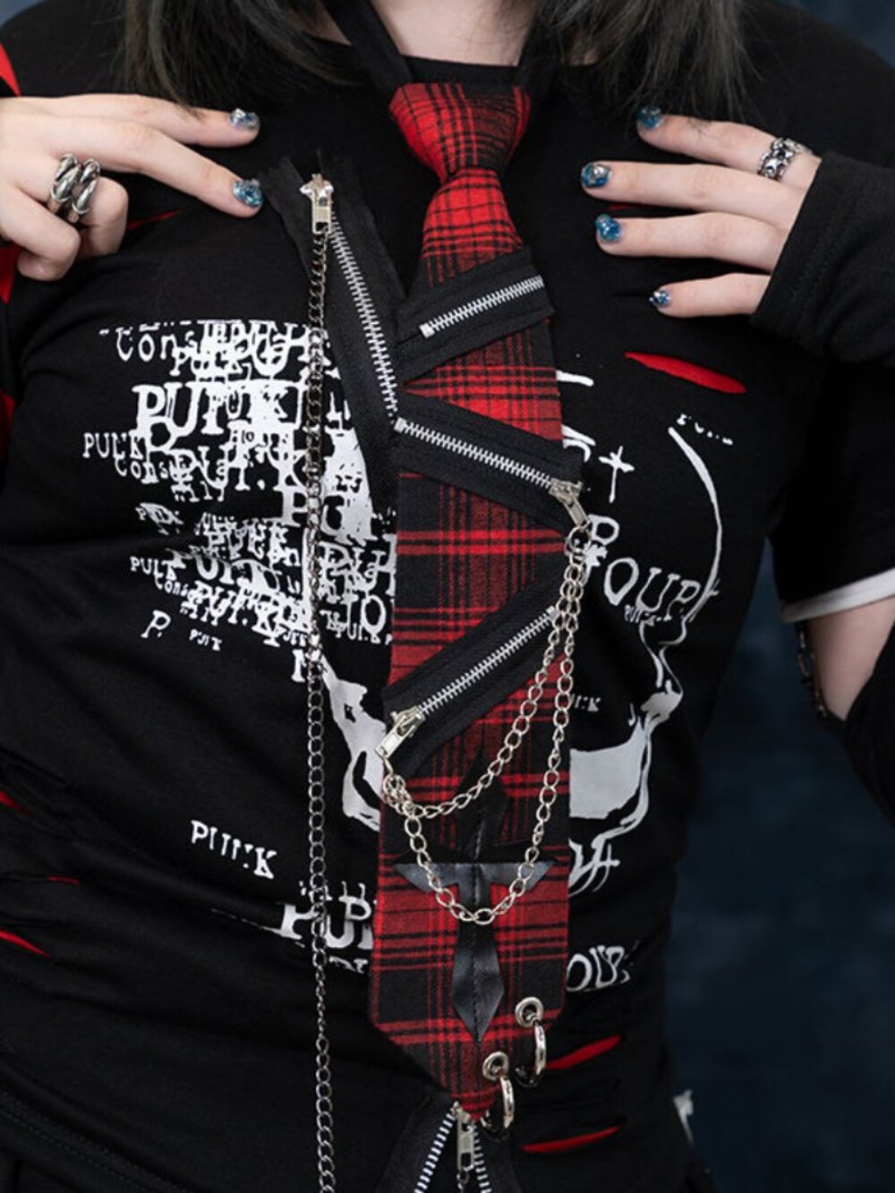 NEW ACDC RAG Dark Abyss Punk Cross Chain Red Tartan Neck Tie